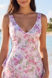 Floral V-Neck Ruffled Light Pink Mini Dress