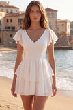Ivory V-Neck A Line Tiered Graduation Dress with Flutter Sleeves