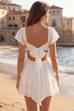 Ivory V-Neck A Line Tiered Graduation Dress with Flutter Sleeves