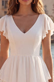 Ivory V-Neck A Line Tiered Graduation Dress with Flutter Sleeves