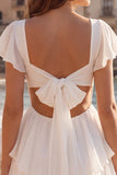 Ivory V-Neck A Line Tiered Graduation Dress with Flutter Sleeves