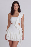 One Shoulder Ruffled Cut Out Ivory Graduation Dress