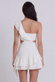 One Shoulder Ruffled Cut Out Ivory Graduation Dress
