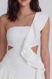 One Shoulder Ruffled Cut Out Ivory Graduation Dress