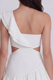 One Shoulder Ruffled Cut Out Ivory Graduation Dress
