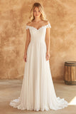 Off the Shoulder A Line Ivory Wedding Dress with Lace