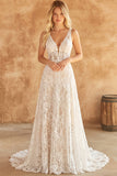 Lace A Line Corset V-Neck Ivory Boho Wedding Dress