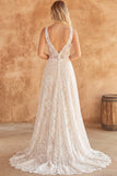 Lace A Line Corset V-Neck Ivory Boho Wedding Dress