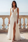 Ivory Ruched V-Neck A Line Wedding Dress with Slit