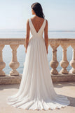 Ivory Ruched V-Neck A Line Wedding Dress with Slit