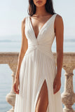 Ivory Ruched V-Neck A Line Wedding Dress with Slit