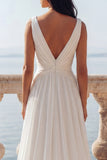Ivory Ruched V-Neck A Line Wedding Dress with Slit