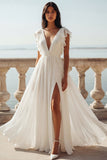 Ivory Ruffled V-neck Long Wedding Dress with Slit