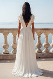 Ivory Ruffled V-neck Long Wedding Dress with Slit