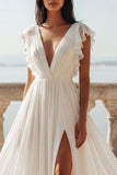Ivory Ruffled V-neck Long Wedding Dress with Slit