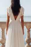 Ivory Ruffled V-neck Long Wedding Dress with Slit