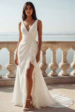 Mermaid Ruffled V-neck Ivory Wedding Dress with Slit