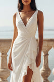 Mermaid Ruffled V-neck Ivory Wedding Dress with Slit