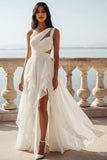 One Shoulder Ivory Ruffle Cut Out Wedding Dress with Slit