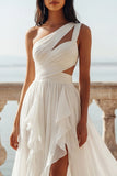One Shoulder Ivory Ruffle Cut Out Wedding Dress with Slit