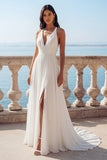 A Line Ruched V-Neck Ivory Wedding Dress with Slit