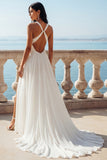 A Line Ruched V-Neck Ivory Wedding Dress with Slit
