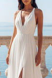 A Line Ruched V-Neck Ivory Wedding Dress with Slit