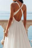 A Line Ruched V-Neck Ivory Wedding Dress with Slit