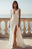 Ivory Ruched V-Neck Wedding Dress with Slit