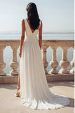 Ivory Ruched V-Neck Wedding Dress with Slit