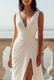 Ivory Ruched V-Neck Wedding Dress with Slit