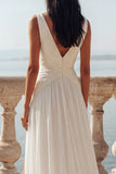 Ivory Ruched V-Neck Wedding Dress with Slit