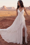 Ivory Spaghetti Straps Ruffle Long Wedding Dress with Slit