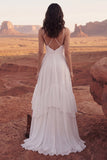 Ivory Spaghetti Straps Ruffle Long Wedding Dress with Slit