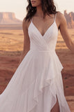 Ivory Spaghetti Straps Ruffle Long Wedding Dress with Slit