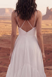 Ivory Spaghetti Straps Ruffle Long Wedding Dress with Slit