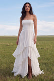 Strapless Ruffled Ivory Wedding Dress with Slit
