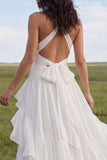 Halter Ivory A Line Ruffled Wedding Dress