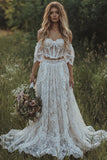 Off the Shoulder Corset Lace Ivory 2 Piece Boho Wedding Dress