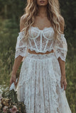 Off the Shoulder Corset Lace Ivory 2 Piece Boho Wedding Dress