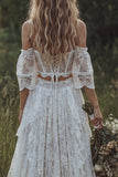 Off the Shoulder Corset Lace Ivory 2 Piece Boho Wedding Dress