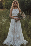2 Piece Lace Ivory Long Boho Wedding Dress