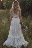 2 Piece Lace Ivory Long Boho Wedding Dress