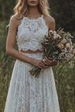 2 Piece Lace Ivory Long Boho Wedding Dress
