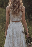2 Piece Lace Ivory Long Boho Wedding Dress