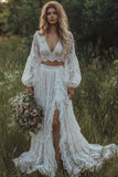 Boho 2 Piece Ivory V-Neck Lace Wedding Dress with Long Sleeves