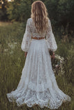 Boho 2 Piece Ivory V-Neck Lace Wedding Dress with Long Sleeves