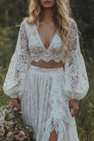Boho 2 Piece Ivory V-Neck Lace Wedding Dress with Long Sleeves