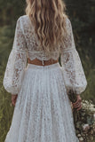 Boho 2 Piece Ivory V-Neck Lace Wedding Dress with Long Sleeves