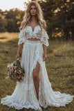 Ivory Lace Off the Shoulder 2 Piece Boho Wedding Dress